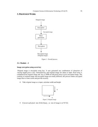 Computer Science & Information Technology (CS & IT) 99 
3. PROPOSED WORK 
Original image 
Encryption 
Share 
Encrypted image 
generation 
Decryption 
Decrypted image 
(Original image) 
Figure 1. Overall process 
3.1. Module – 1 
Image encryption using secret key 
Original image is encrypted using key. A user generated any combination of characters of 
varying length gives a key. Generated key and original image are taken as input. Pixel array is 
computed from original image and key is XOR ed with pixel array to give encrypted image. The 
contents of original image and encrypted image are totally different, this process makes encrypted 
image blur to some extent and provide security. 
• Take original image as a input; calculate width and height 
Figure 2. Original image 
• Convert each pixel into 24-bit binary , so size of image is (w*h*24) 
 