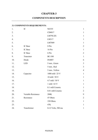 CHAPTER-3 
COMPONENTS DESCRIPTION 
3.1 COMPONENTS REQUIREMENTS: 
1. IC NE555 1 
2. CD4017 1 
3. LM79LXX 1 
4. LM317 1 
5. LM7809 1 
6. IC Base 8 Pin 2 
7. IC Base 16 Pin 1 
8. IC Base 6 Pin 2 
9. Transistor BC-548 1 
10. Diode IN4007 6 
11. LED 5 mm , Green 3 
12. 5 mm , Red 3 
13. 5 mm , Yellow 4 
14. Capacitor 1000 mfd / 25 V 1 
15. 10 mfd / 50 V 1 
16. 4.7 mfd / 50 V 1 
17. 1 mfd / 63 V 1 
18. 0.1 mfd Ceramic 1 
19. 0.01 mfd Ceramic 2 
20. Variable Resistance 200K 9 
21. Resistance 47 Ohms 2 
22. 330 Ohms 1 
23. 47K 1 
24. Transformer 0-12 Volts, 500 ma 1 
PCE/EE/05 
 