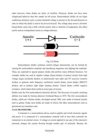 radio receivers—these diodes are forms of 
rectifiers. However, diodes can have more 
complicated behavior than this simple on 
conducting electricity until a c 
state in which the diode is said to be 
biased diode varies only a little with the current, and is a function of temperature; this effect 
can be used as a temperature sensor 
on–off action. Semiconductor diodes do not begin 
certain threshold voltage is present in the forward direction (a 
forward-biased). The voltage drop across a forward 
ertain Semiconductor diodes' nonlinear current 
). forward-ased 
varying the semiconductor materials 
These are exploited in special purpose diodes that perform many 
example, diodes are used to regulate voltage ( 
voltage surges (avalanche diodes 
diodes), to generate radio frequency 
diodes), and to produce light ( 
resistance, which makes them useful in some types of circuits. 
Diodes were the first semiconductor electronic devices 
abilities was made by German physicist 
diodes, called cat's whisker diodes 
such as galena. Today most diodes are made of 
germanium are sometimes used. 
3.3.12 TRANSISTOR: 
), varactor 
, A transistor is a semiconductor device 
doping) the materials. 
), diodes, IMPATT 
). negative 
. crystals' rectifying 
such as 
electronic signals 
and power. It is composed of a 
connection to an external circuit. A voltage or current applied to one pair of the transistor's 
terminals changes the current flowing through another pair of termi 
PCE/EE/024 
ased or voltage reference. 
Fig 3.12 Diode 
current–voltage characteristic can be tailored by 
and introducing impurities into (doping 
different functions. For 
Zener diodes), to protect circuits from high 
diodes), to electronically tune radio and TV receivers ( 
oscillations (tunnel diodes, Gunn diodes 
), light emitting diodes). Tunnel diodes exhibit 
, devices. The discovery of 
Ferdinand Braun in 1874. The first semiconductor 
diodes, developed around 1906, were made of mineral crystals 
. silicon, but other semiconductors 
used to amplify and switch 
semiconductor material with at least three terminals for 
terminals. Because the 
 