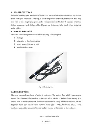 6.2 SOLDERING TOOLS 
Different soldering jobs will need different tools and different temperatures too. For circuit 
board work you will need a finer tip, a lower temperature and finer grade solder. You may 
also want to use a magnifying glass. Audio connectors such as XLR's will require a larger tip, 
higher temperature and thicker solder. Clamps and holders are also handy when soldering 
audio cables. 
6.2.1 SOLDERING IRON 
There are several things to consider when choosing a soldering iron. 
PCE/EE/032 
1. Wattage 
2. adjustable or fixed temperature 
3. power source (electric or gas) 
4. portable or bench use 
Fig. 6.1 Soldering Iron 
6.2.2 SOLDER WIRE 
The most commonly used type of solder is rosin core. The rosin is flux, which cleans as you 
solder. The other type of solder is acid core and unless you are experienced at soldering, you 
should stick to rosin core solder. Acid core solder can be tricky and better avoided for the 
beginner. Rosin core solder comes in three main types - 50/50, 60/40 and 63/37. These 
numbers represent the amount of tin and lead are present in the solder, as shown below. 
Table 6.1: Types Of Solder Wire 
 