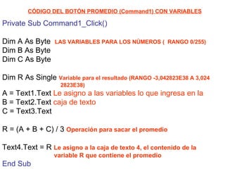 Private Sub Command1_Click() Dim A As Byte  LAS VARIABLES PARA LOS NÚMEROS (  RANGO 0/255) Dim B As Byte Dim C As Byte Dim R As Single  Variable para el resultado (RANGO -3,042823E38 A 3,024 2823E38) A = Text1.Text  Le asigno a las variables lo que ingresa en la   B = Text2.Text  caja de texto C = Text3.Text R = (A + B + C) / 3  Operación para sacar el promedio Text4.Text = R  Le asigno a la caja de texto 4, el contenido de la variable R que contiene el promedio End Sub CÓDIGO DEL BOTÓN PROMEDIO (Command1) CON VARIABLES 
