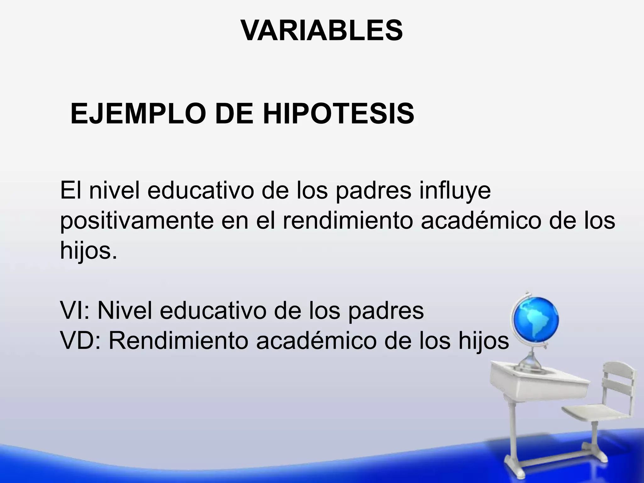  IntermediasRealidades no inmediatamente medibles empíricamenteExpresan dimensiones o aspectos  parciales  de estas variables y, por tanto, más  concretos  y cercanos a la realidadEmpíricas     (Indicadores)Representan aspectos  de estas dimensiones,  directamente  medibles  y observables.