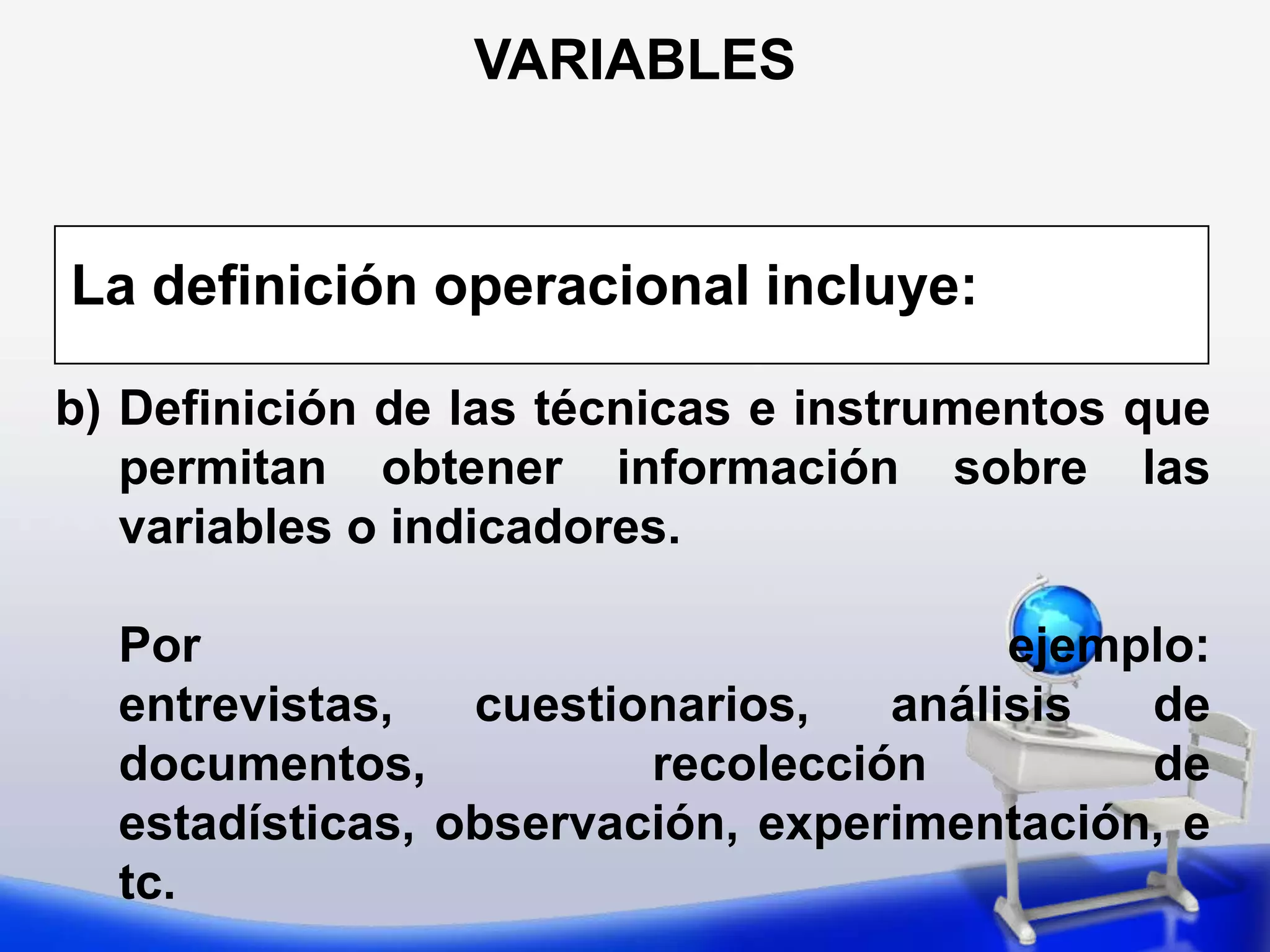 VARIABLESEJEMPLO DE HIPOTESISEl nivel educativo de los padres influye positivamente en el rendimiento académico de los hijos.VI: Nivel educativo de los padresVD: Rendimiento académico de los hijos