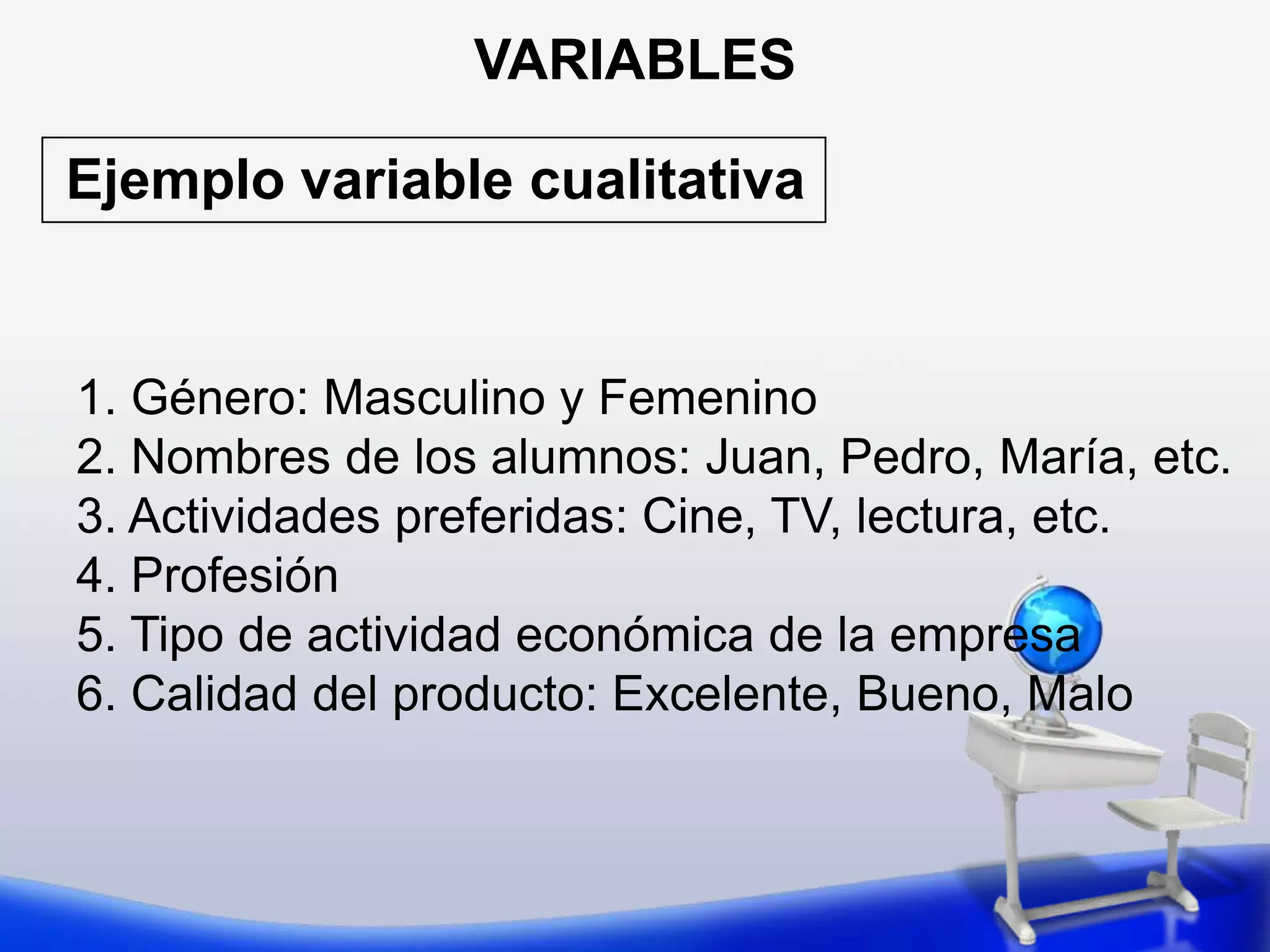 VARIABLESEjemplo variable cualitativa1. Género: Masculino y Femenino2. Nombres de los alumnos: Juan, Pedro, María, etc.3. Actividades preferidas: Cine, TV, lectura, etc.4. Profesión5. Tipo de actividad económica de la empresa6. Calidad del producto: Excelente, Bueno, Malo