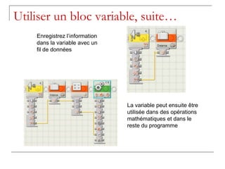 Utiliser un bloc variable, suite…
    Enregistrez l’information
    dans la variable avec un
    fil de données




                                La variable peut ensuite être
                                utilisée dans des opérations
                                mathématiques et dans le
                                reste du programme
 