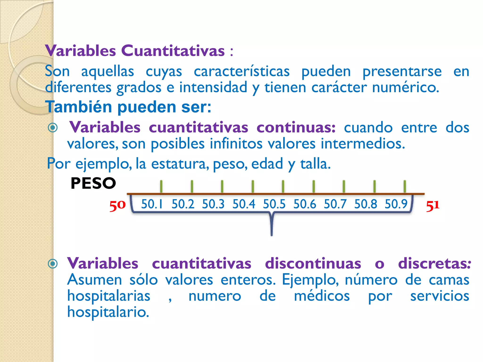 Variables Cuantitativas :
Son aquellas cuyas características pueden presentarse en
diferentes grados e intensidad y tienen carácter numérico.
También pueden ser:
 Variables cuantitativas continuas: cuando entre dos
    valores, son posibles infinitos valores intermedios.
Por ejemplo, la estatura, peso, edad y talla.
    PESO
          50 50.1 50.2 50.3 50.4 50.5 50.6 50.7 50.8 50.9 51


   Variables cuantitativas discontinuas o discretas:
    Asumen sólo valores enteros. Ejemplo, número de camas
    hospitalarias , numero de médicos por servicios
    hospitalario.
 