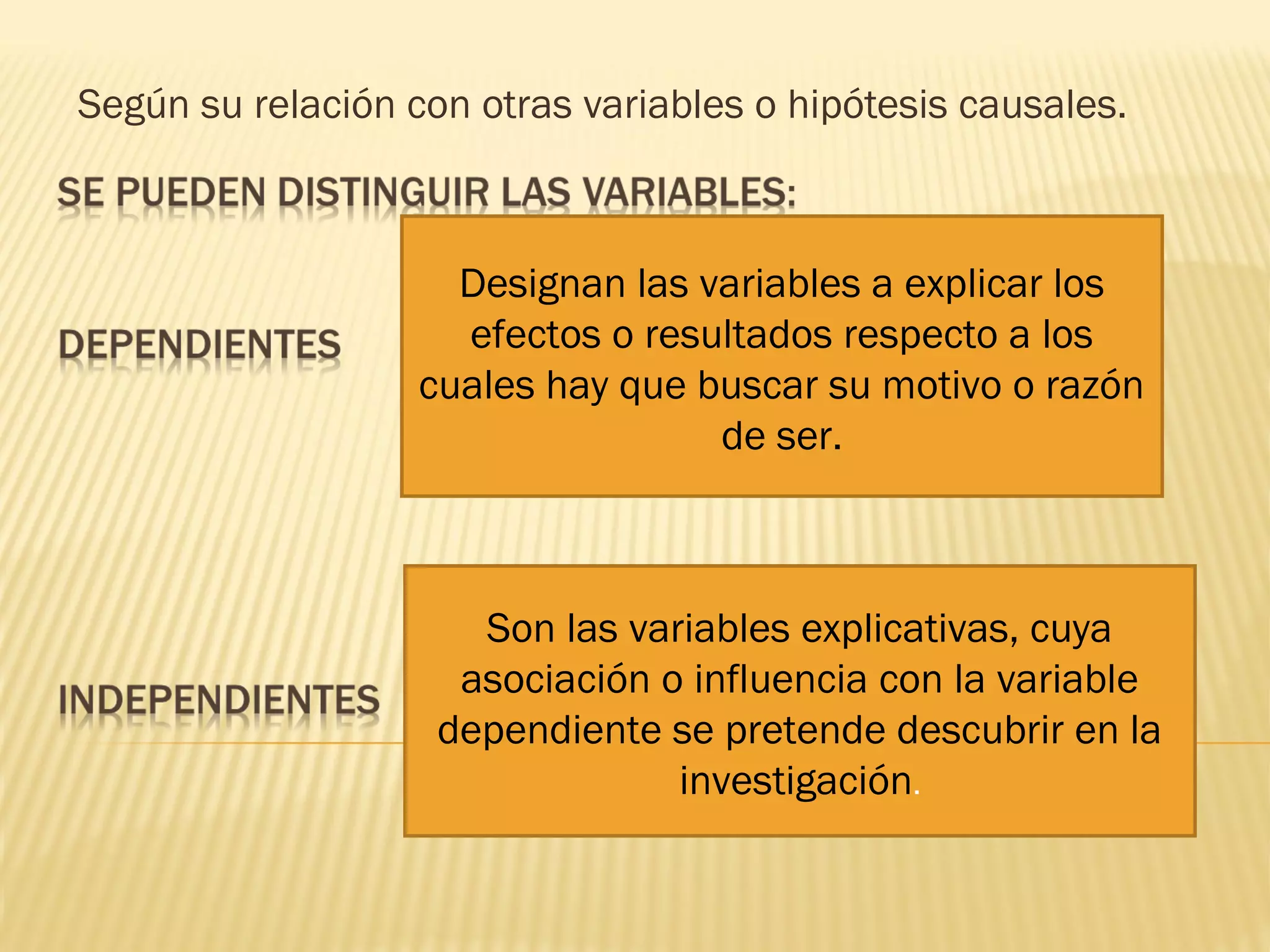 Según su relación con otras variables o hipótesis causales.



                     Designan las variables a explicar los
                     efectos o resultados respecto a los
                   cuales hay que buscar su motivo o razón
                                   de ser.



                      Son las variables explicativas, cuya
                     asociación o influencia con la variable
                    dependiente se pretende descubrir en la
                                 investigación.
 