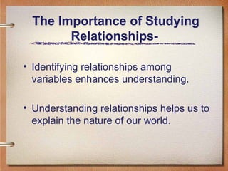 • Identifying relationships among
variables enhances understanding.
• Understanding relationships helps us to
explain the nature of our world.
The Importance of Studying
Relationships-
 