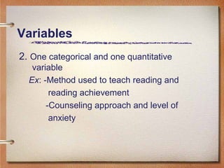 Variables
2. One categorical and one quantitative
variable
Ex: -Method used to teach reading and
reading achievement
-Counseling approach and level of
anxiety
 