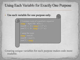  Use each variable for one purpose only.
// Compute roots of a quadratic equation
temp = Sqrt( b*b - 4*a*c );
root[0] = ( -b + temp ) / ( 2 * a );
root[1] = ( -b - temp ) / ( 2 * a );
...
// swap the roots
temp = root[0];
root[0] = root[1];
root[1] = temp ;

Creating unique variables for each purpose makes code more
readable.
15

 