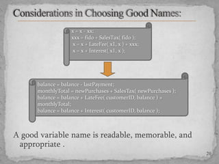 x = x - xx;
xxx = fido + SalesTax( fido );
x = x + LateFee( x1, x ) + xxx;
x = x + Interest( x1, x );

balance = balance - lastPayment;
monthlyTotal = newPurchases + SalesTax( newPurchases );
balance = balance + LateFee( customerID, balance ) +
monthlyTotal;
balance = balance + Interest( customerID, balance );

A good variable name is readable, memorable, and
appropriate .
20

 