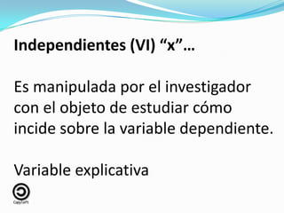 Independientes (VI) “x”…
Es manipulada por el investigador
con el objeto de estudiar cómo
incide sobre la variable dependiente.
Variable explicativa
 