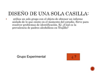  utiliza un solo grupo con el objeto de obtener un informe
aislado de lo que existe en el momento del estudio. Sirve para
resolver problemas de identificación. Ej: ¿Cúal es la
prevalencia de padres alcohólicos en Trujillo?
Grupo Experimental ¿ ?
 