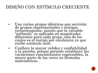  Usa varios grupos idénticos que servirán
de grupos experimentales y testigos
recíprocamente, puesto que la variable
“estímulo” es aplicada en magnitudes
diferentes para cada grupo, uno de los
cuales es el testigo por excelencia ya que
recibe estímulo nulo.
 Confiere la mayor validez y confiabilidad
a la prueba, porque permite establecer las
variaciones concomitantes expresables, la
mayor parte de las veces en fórmulas
matemáticas .
 