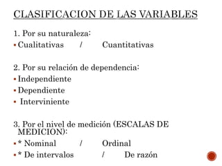 1. Por su naturaleza:
 Cualitativas / Cuantitativas
2. Por su relación de dependencia:
 Independiente
 Dependiente
 Interviniente
3. Por el nivel de medición (ESCALAS DE
MEDICION):
 * Nominal / Ordinal
 * De intervalos / De razón
 