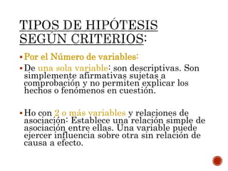 Por el Número de variables:
De una sola variable: son descriptivas. Son
simplemente afirmativas sujetas a
comprobación y no permiten explicar los
hechos o fenómenos en cuestión.
Ho con 2 o más variables y relaciones de
asociación: Establece una relación simple de
asociación entre ellas. Una variable puede
ejercer influencia sobre otra sin relación de
causa a efecto.
 