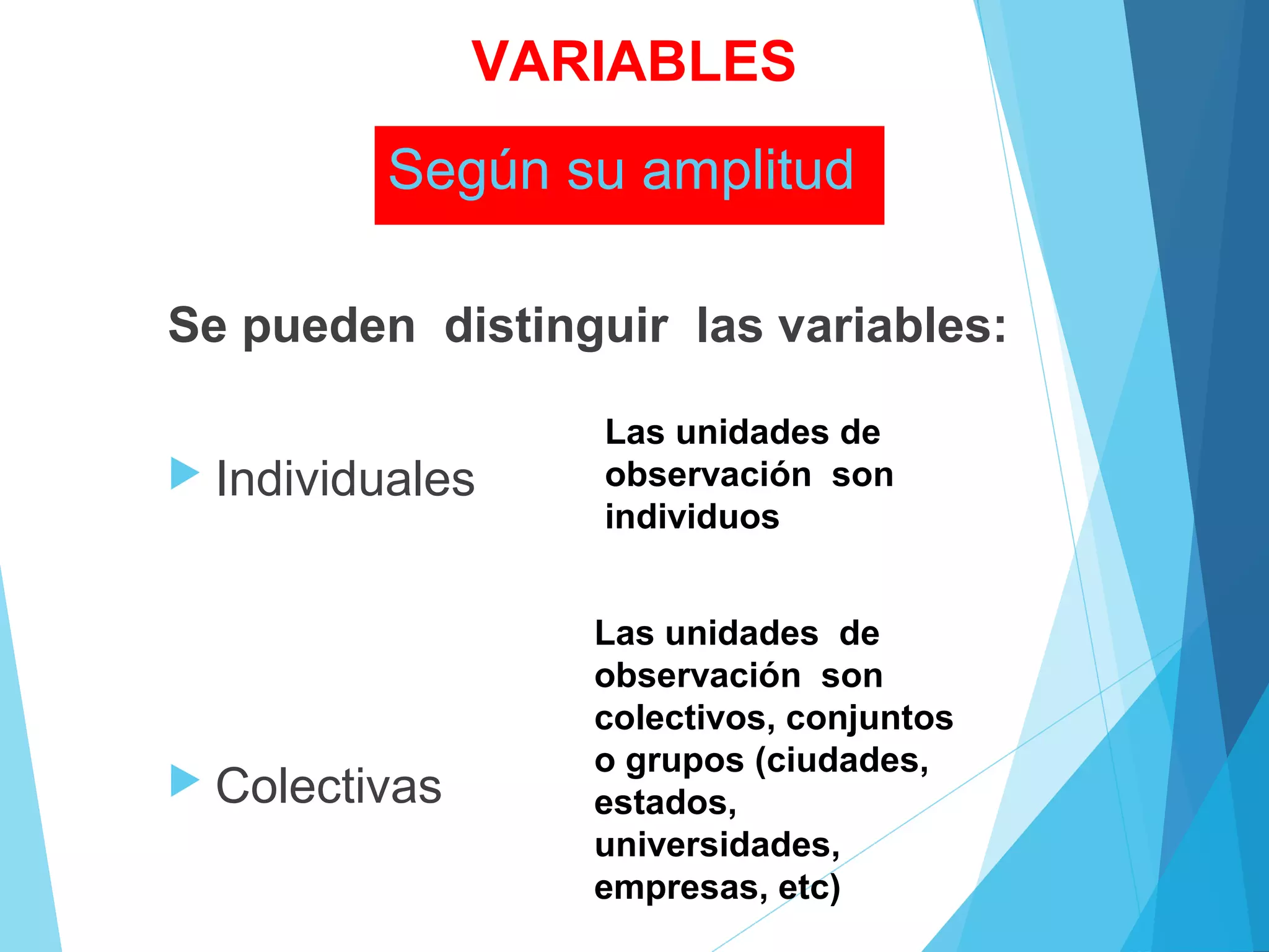 Según su amplitud
Se pueden distinguir las variables:
 Individuales
 Colectivas
Las unidades de
observación son
individuos
Las unidades de
observación son
colectivos, conjuntos
o grupos (ciudades,
estados,
universidades,
empresas, etc)
VARIABLES
 