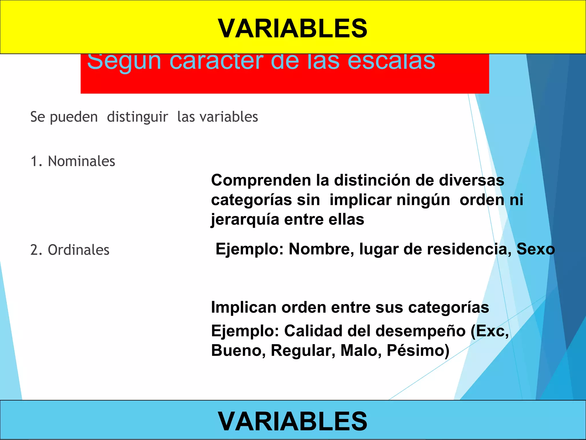 Según carácter de las escalas
Se pueden distinguir las variables
1. Nominales
2. Ordinales
Comprenden la distinción de diversas
categorías sin implicar ningún orden ni
jerarquía entre ellas
Ejemplo: Nombre, lugar de residencia, Sexo
Implican orden entre sus categorías
Ejemplo: Calidad del desempeño (Exc,
Bueno, Regular, Malo, Pésimo)
VARIABLES
VARIABLES
 