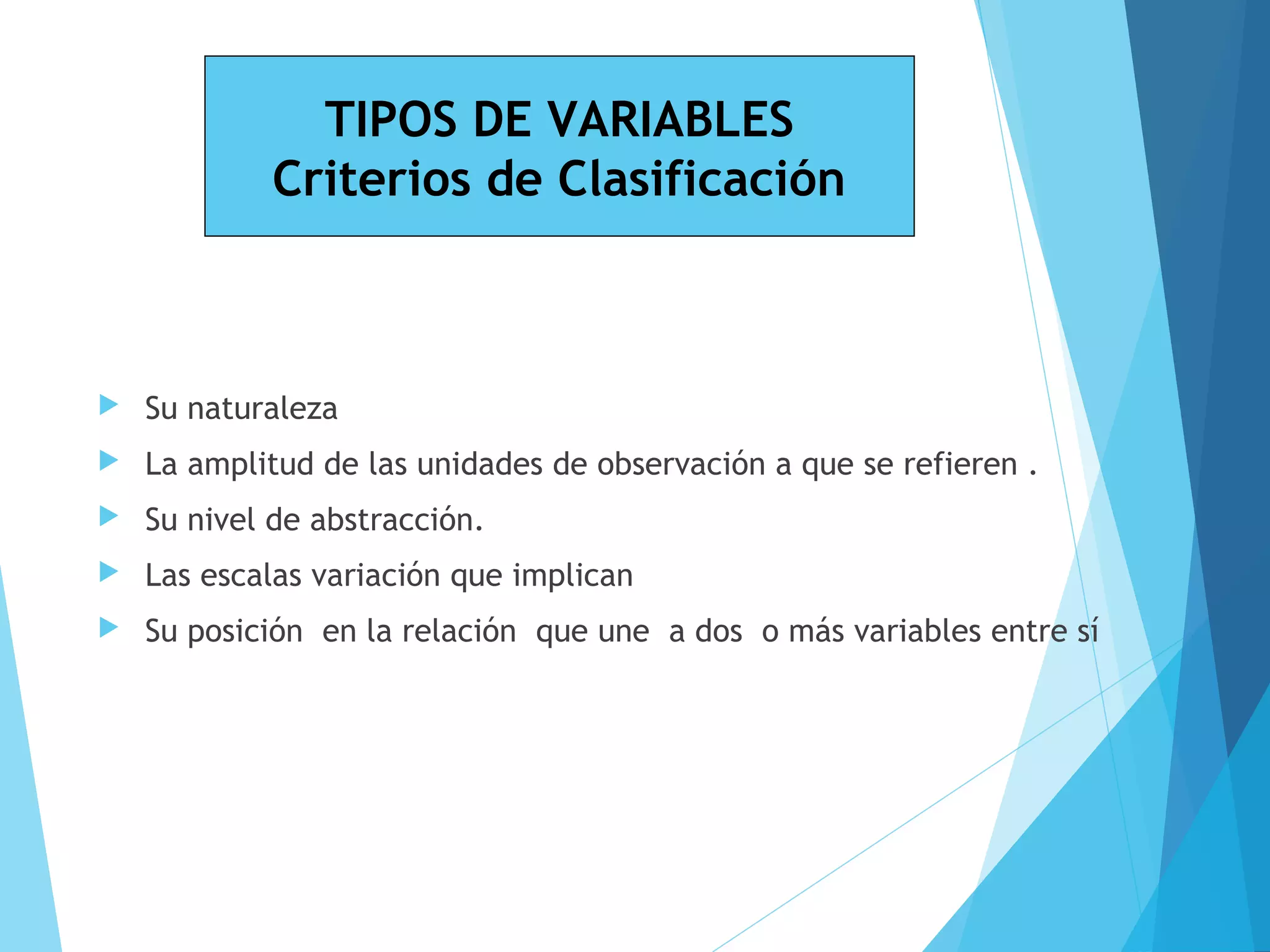 TIPOS DE VARIABLES
Criterios de Clasificación
 Su naturaleza
 La amplitud de las unidades de observación a que se refieren .
 Su nivel de abstracción.
 Las escalas variación que implican
 Su posición en la relación que une a dos o más variables entre sí
 