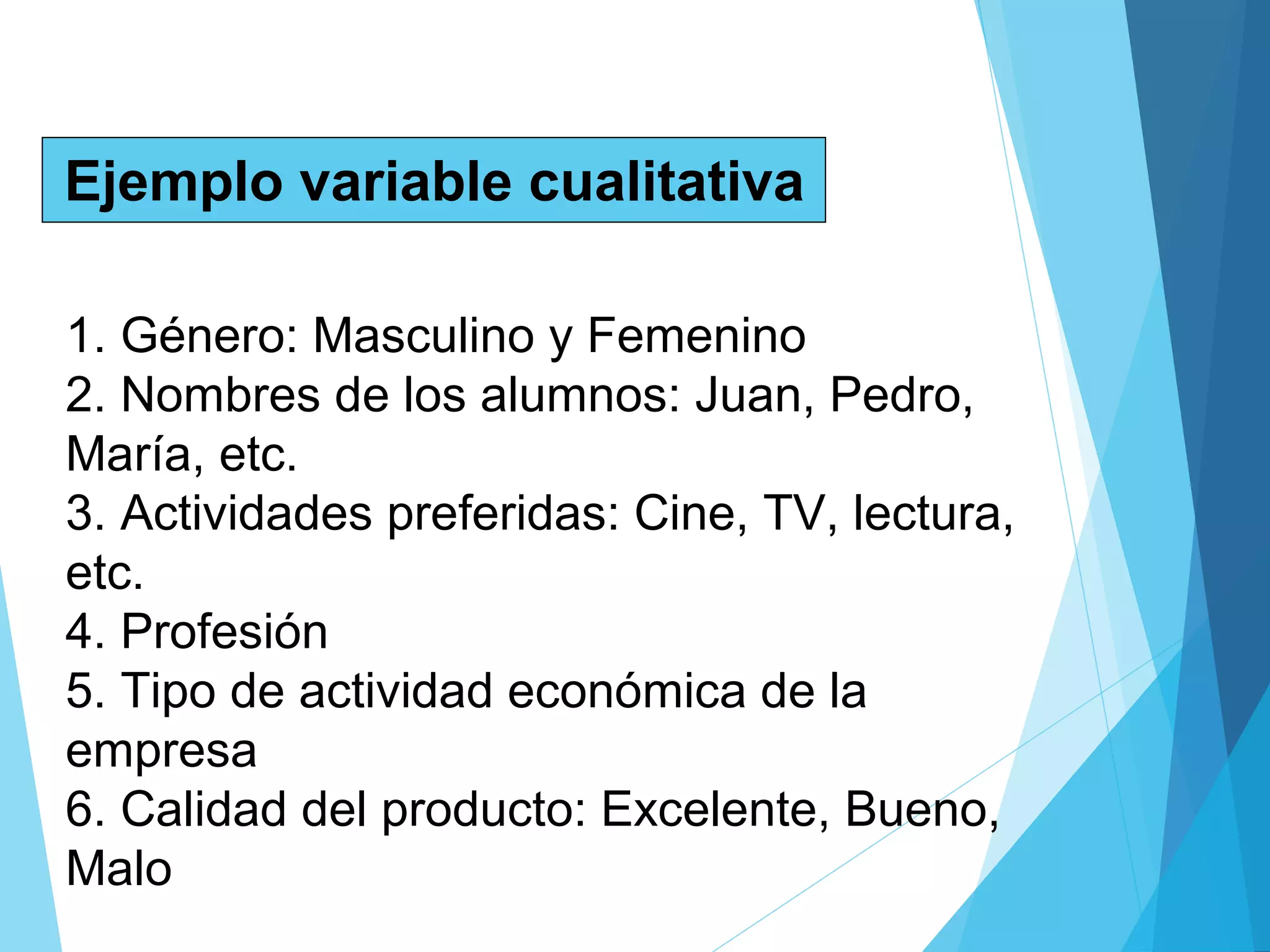 Ejemplo variable cualitativa
1. Género: Masculino y Femenino
2. Nombres de los alumnos: Juan, Pedro, 
María, etc.
3. Actividades preferidas: Cine, TV, lectura, 
etc.
4. Profesión
5. Tipo de actividad económica de la 
empresa
6. Calidad del producto: Excelente, Bueno, 
Malo
 