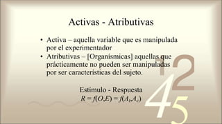 Activas - Atributivas
• Activa – aquella variable que es manipulada
por el experimentador
• Atributivas – [Organísmicas] aquellas que
prácticamente no pueden ser manipuladas
por ser características del sujeto.
Estímulo - Respuesta
R = f(O,E) = f(At,Ac)
 
