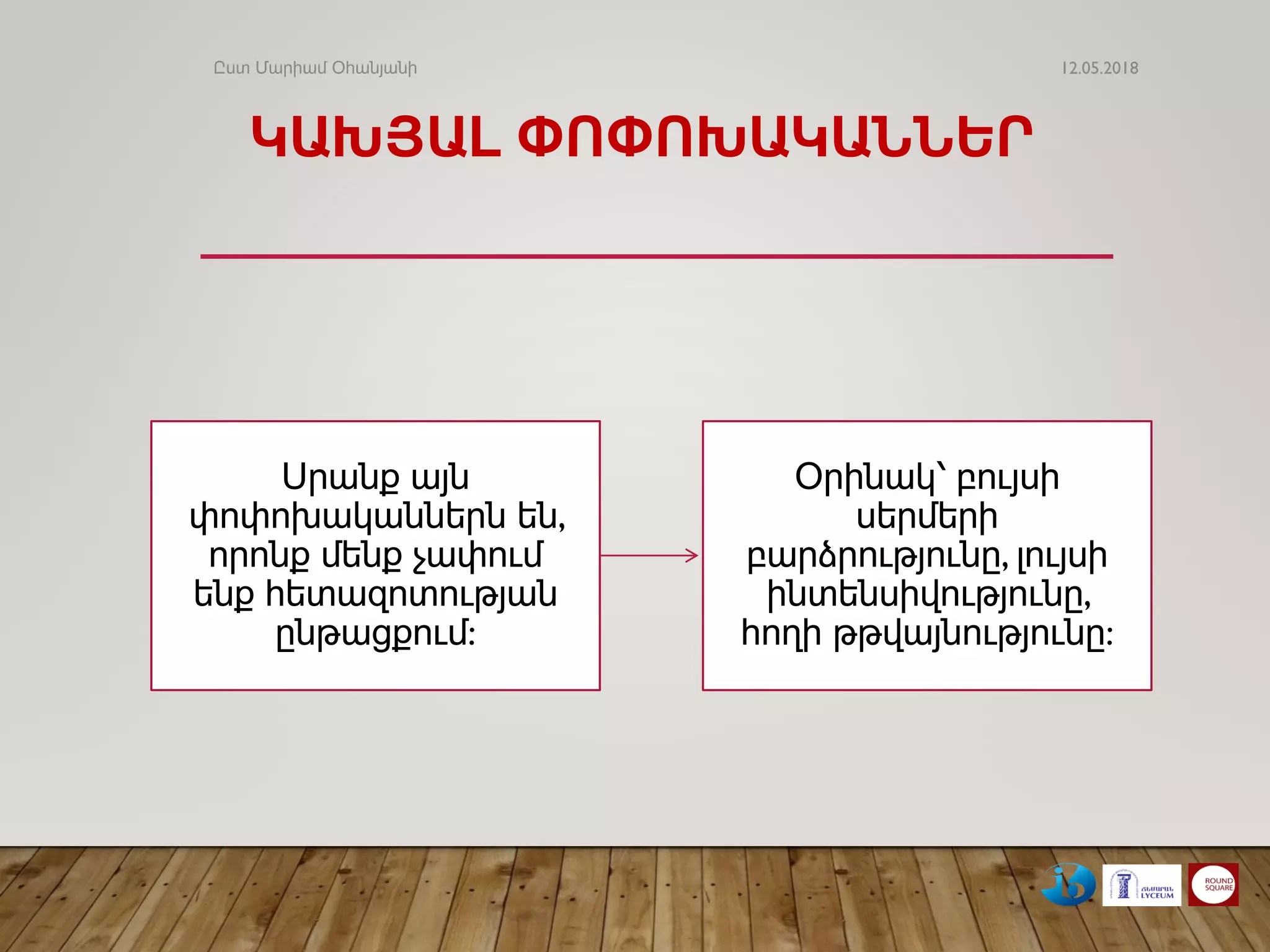 ԿԱԽՅԱԼ ՓՈՓՈԽԱԿԱՆՆԵՐ
Սրանք այն
փոփոխականներն են,
որոնք մենք չափում
ենք հետազոտության
ընթացքում:
Օրինակ՝ բույսի
սերմերի
բարձրությունը, լույսի
ինտենսիվությունը,
հողի թթվայնությունը:
12.05.2018Ըստ Մարիամ Օհանյանի
 