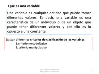 Qué es una variable
Una variable es cualquier entidad que puede tomar
diferentes valores. Es decir, una variable es una
característica de un individuo o de un objeto que
puede tener diferentes valores y por ello es lo
opuesto a una constante.
Existen diferentes criterios de clasificación de las variables:
1.criterio metodológico
2. criterio manipulativo
1
Pfra. Dolores Frías-Navarro
(http://www.uv.es/friasnav/)
 