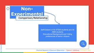 SLIDESMANIA.COM
SLIDESMANIA.COM
Practical Research 2 Classroom Observation Thelma V. Villaflores October 4, 2021
Non-
Experimental
Comparison/Relationship
Self-Esteem of 50 STEM students and 50
ABM students
Educational Background and Voting
preferences of senior citizens
 