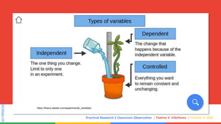 SLIDESMANIA.COM
SLIDESMANIA.COM
Practical Research 2 Classroom Observation Thelma V. Villaflores October 4, 2021
https://theory.labster.com/experimental_variables/
 