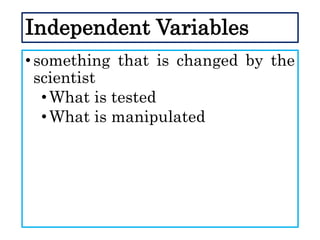 Independent Variables
•something that is changed by the
scientist
•What is tested
•What is manipulated
 