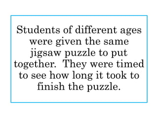 Students of different ages
were given the same
jigsaw puzzle to put
together. They were timed
to see how long it took to
finish the puzzle.
 