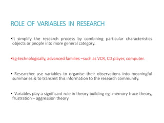 ROLE OF VARIABLES IN RESEARCH
•It simplify the research process by combining particular characteristics
objects or people into more general category.
•Eg-technologically, advanced families –such as VCR, CD player, computer.
• Researcher use variables to organise their observations into meaningful
summaries & to transmit this information to the research community.
• Variables play a significant role in theory building eg- memory trace theory,
frustration – aggression theory.
 