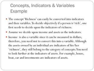 Concepts, Indicators & Variables
Example
 The concept‘Richness’ can easily be converted into indicators
and then variables.To decide objectively if a person is‘rich’, one
first needs to decide upon the indicators of richness.
 Assume we decide upon income and assets as the indicators.
 Income is also a variable since it can be measured in dollars,
therefore, you need not to convert this into a variable.Although
the assets owned by an individual are indicators of his/her
‘richness’, they still belong to the category of concepts.You need
to look further at the indicators of assets. For example, house,
boat, car and investments are indicators of assets.
 