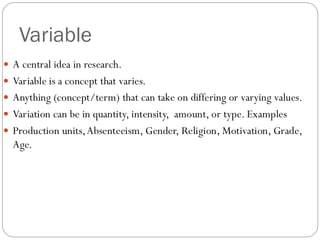 Variable
 A central idea in research.
 Variable is a concept that varies.
 Anything (concept/term) that can take on differing or varying values.
 Variation can be in quantity, intensity, amount, or type. Examples
 Production units,Absenteeism, Gender, Religion, Motivation, Grade,
Age.
 