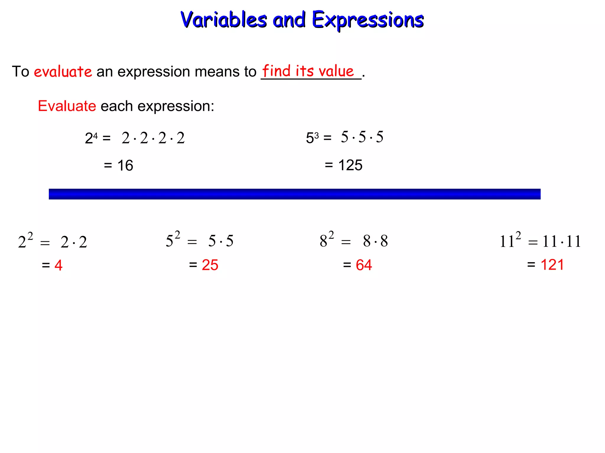 To  evaluate  an expression means to ____________. find its value Evaluate  each expression: 2 4  =  = 16 5 3  =  = 125 =  4 =  25 =  64 =  121 Variables and Expressions  
