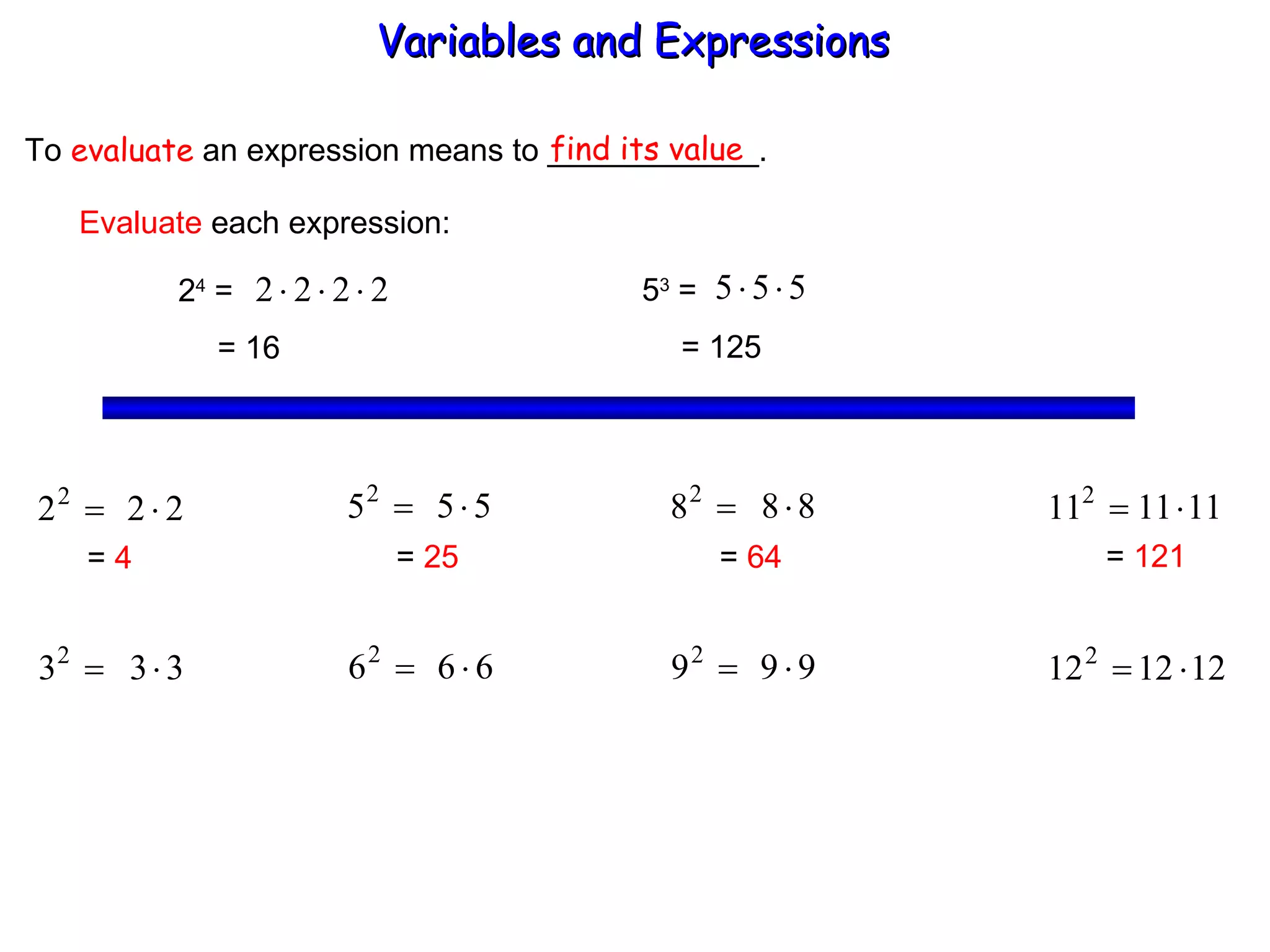 To  evaluate  an expression means to ____________. find its value Evaluate  each expression: 2 4  =  = 16 5 3  =  = 125 =  4 =  25 =  64 =  121 Variables and Expressions  
