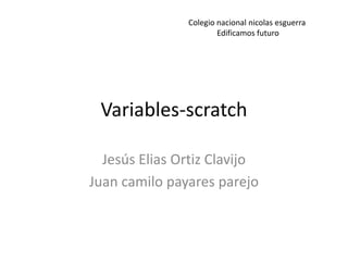 Variables-scratch
Jesús Elias Ortiz Clavijo
Juan camilo payares parejo
Colegio nacional nicolas esguerra
Edificamos futuro
 
