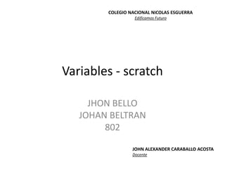Variables - scratch
JHON BELLO
JOHAN BELTRAN
802
COLEGIO NACIONAL NICOLAS ESGUERRA
Edificamos Futuro
JOHN ALEXANDER CARABALLO ACOSTA
Docente
 
