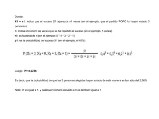Donde:
X1 = x1: indica que el suceso X1 aparezca x1 veces (en el ejemplo, que el partido POPO lo hayan votado 3
personas)
n: indica el número de veces que se ha repetido el suceso (en el ejemplo, 5 veces)
n!: es factorial de n (en el ejemplo: 5 * 4 * 3 * 2 * 1)
p1: es la probabilidad del suceso X1 (en el ejemplo, el 40%)
Luego: P= 0,0256
Es decir, que la probabilidad de que las 5 personas elegidas hayan votado de esta manera es tan sólo del 2,56%
Nota: 0! es igual a 1, y cualquier número elevado a 0 es también igual a 1
 