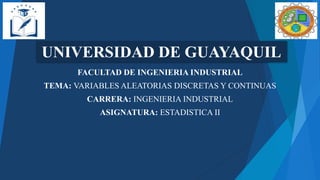 UNIVERSIDAD DE GUAYAQUIL
FACULTAD DE INGENIERIA INDUSTRIAL
TEMA: VARIABLES ALEATORIAS DISCRETAS Y CONTINUAS
CARRERA: INGENIERIA INDUSTRIAL
ASIGNATURA: ESTADISTICA II
 