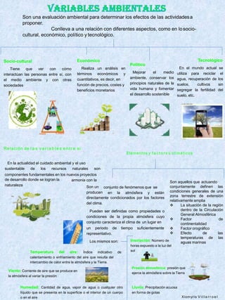 Son una evaluación ambiental para determinar los efectos de las actividadesa
proponer.
Conlleva a una relación con diferentes aspectos, como en losocio-
cultural, económico, político y tecnológico.
Socio-cultural
Tiene que ver con cómo
interactúan las personas entre sí, con
el medio ambiente y con otras
sociedades
Económico
Realiza un análisis en
términos económicos y
cuantitativos, es decir, en
función de precios, costes y
beneficios monetarios
Político
Mejorar el medio
ambiente, conservar los
principios naturales de la
vida humana y fomentar
el desarrollo sostenible
Tecnológico
En el mundo actual se
utiliza para reciclar el
agua, recuperación de los
suelos, cultivos sin
segregar la fertilidad del
suelo, etc.
Relación de l a s va r i a b l e s e n t re si
En la actualidad el cuidado ambiental y el uso
sustentable de los recursos naturales son
componentes fundamentales en los nuevos proyectos
de desarrollo donde se logran la
naturaleza
conjunto de fenómenos que se
armonía con la
Son un
producen en la atmósfera y están
directamente condicionados por los factores
del clima.
Pueden ser definidas como propiedades o
condiciones de la propia atmósfera cuyo
conjunto caracteriza el clima de un lugar en
un periodo de tiempo suficientemente
Son aquellos que actuando
conjuntamente definen las
condiciones generales de una
zona terrestre de extensión
relativamente amplia
 La situación de la región
dentro de la Circulación
General Atmosférica
de Factor
continentalidad
 Factor orográfico
 Efecto de las
temperaturas de las
aguas marinasInsolación: Número de
horas expuesto a la luz del
solTemperatura del aire:
representativo.
Los mismos son:
Índice indicativo de
calentamiento o enfriamiento del aire que resulta del
intercambio de calor entre la atmósfera y la Tierra.
Presión atmosférica: presión que
ejerce la atmósfera sobre la Tierra
Viento: Corriente de aire que se produce en
la atmósfera al variar la presión
Lluvia: Precipitación acuosa
en forma de gotas
Humedad: Cantidad de agua, vapor de agua o cualquier otro
líquido que se presenta en la superficie o el interior de un cuerpo
o en el aire Xiomyris V i l l a r r o e l
Elementos y f a c t o r e s climáticos
 