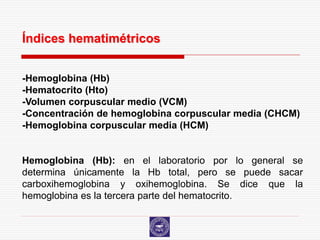 Índices hematimétricos


-Hemoglobina (Hb)
-Hematocrito (Hto)
-Volumen corpuscular medio (VCM)
-Concentración de hemoglobina corpuscular media (CHCM)
-Hemoglobina corpuscular media (HCM)


Hemoglobina (Hb): en el laboratorio por lo general se
determina únicamente la Hb total, pero se puede sacar
carboxihemoglobina y oxihemoglobina. Se dice que la
hemoglobina es la tercera parte del hematocrito.
 