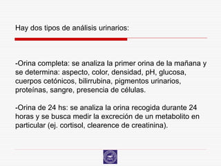 Hay dos tipos de análisis urinarios:



-Orina completa: se analiza la primer orina de la mañana y
se determina: aspecto, color, densidad, pH, glucosa,
cuerpos cetónicos, bilirrubina, pigmentos urinarios,
proteínas, sangre, presencia de células.

-Orina de 24 hs: se analiza la orina recogida durante 24
horas y se busca medir la excreción de un metabolito en
particular (ej. cortisol, clearence de creatinina).
 
