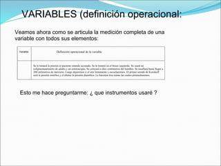 VARIABLES (definición operacional:
Veamos ahora como se articula la medición completa de una
variable con todos sus elementos:
Variable Definición operacional de la variable
Se le tomará la presión al paciente estando acostado. Se le tomará en el brazo izquierdo. Se usará un
esfigmomanómetro de adulto y un estetoscopio. Se colocará a diez centímetros del hombro. Se insuflará hasta llegar a
200 milímetros de mercurio. Luego dejaremos ir el aire lentamente y escucharemos. El primer sonido de Korokoff
será la presión sistólica y el último la presión diastólica. Le haremos tres tomas las cuales promediaremos.
Esto me hace preguntarme: ¿ que instrumentos usaré ?
 