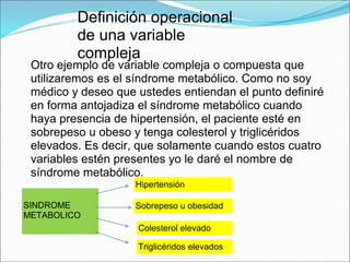 Definición operacional
de una variable
compleja
Otro ejemplo de variable compleja o compuesta que
utilizaremos es el síndrome metabólico. Como no soy
médico y deseo que ustedes entiendan el punto definiré
en forma antojadiza el síndrome metabólico cuando
haya presencia de hipertensión, el paciente esté en
sobrepeso u obeso y tenga colesterol y triglicéridos
elevados. Es decir, que solamente cuando estos cuatro
variables estén presentes yo le daré el nombre de
síndrome metabólico.
SINDROME
METABOLICO
Hipertensión
Sobrepeso u obesidad
Colesterol elevado
Triglicéridos elevados
 