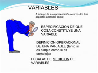 VARIABLES
DEFINICION OPERACIONAL
DE UNA VARIABLE (tanto si
es simple como si es
compleja)
ESCALAS DE MEDICION DE
VARIABLES
A lo largo de esta presentación veremos los tres
aspectos anotados abajo:
ESPECIFICACION DE QUE
COSA CONSTITUYE UNA
VARIABLE
 