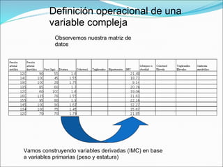 Definición operacional de una
variable compleja
Observemos nuestra matriz de
datos
Vamos construyendo variables derivadas (IMC) en base
a variables primarias (peso y estatura)
 