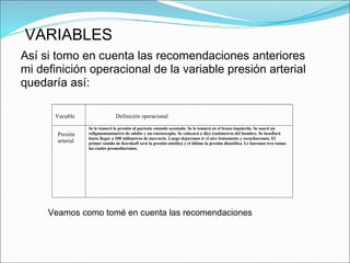VARIABLES
Así si tomo en cuenta las recomendaciones anteriores
mi definición operacional de la variable presión arterial
quedaría así:
Variable Definición operacional
Presión
arterial
Se le tomará la presión al paciente estando acostado. Se le tomará en el brazo izquierdo. Se usará un
esfigmomanómetro de adulto y un estetoscopio. Se colocará a diez centímetros del hombro. Se insuflará
hasta llegar a 200 milímetros de mercurio. Luego dejaremos ir el aire lentamente y escucharemos. El
primer sonido de Korokoff será la presión sistólica y el último la presión diastólica. Le haremos tres tomas
las cuales promediaremos.
Veamos como tomé en cuenta las recomendaciones
 