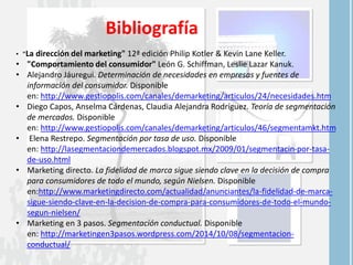 Bibliografía 
• "La dirección del marketing" 12ª edición Philip Kotler & Kevin Lane Keller. 
• "Comportamiento del consumidor" León G. Schiffman, Leslie Lazar Kanuk. 
• Alejandro Jáuregui. Determinación de necesidades en empresas y fuentes de 
información del consumidor. Disponible 
en: http://www.gestiopolis.com/canales/demarketing/articulos/24/necesidades.htm 
• Diego Capos, Anselma Cárdenas, Claudia Alejandra Rodríguez. Teoría de segmentación 
de mercados. Disponible 
en: http://www.gestiopolis.com/canales/demarketing/articulos/46/segmentamkt.htm 
• Elena Restrepo. Segmentación por tasa de uso. Disponible 
en: http://lasegmentaciondemercados.blogspot.mx/2009/01/segmentacin-por-tasa-de- 
uso.html 
• Marketing directo. La fidelidad de marca sigue siendo clave en la decisión de compra 
para consumidores de todo el mundo, según Nielsen. Disponible 
en:http://www.marketingdirecto.com/actualidad/anunciantes/la-fidelidad-de-marca-sigue- 
siendo-clave-en-la-decision-de-compra-para-consumidores-de-todo-el-mundo-segun- 
nielsen/ 
• Marketing en 3 pasos. Segmentación conductual. Disponible 
en: http://marketingen3pasos.wordpress.com/2014/10/08/segmentacion-conductual/ 
