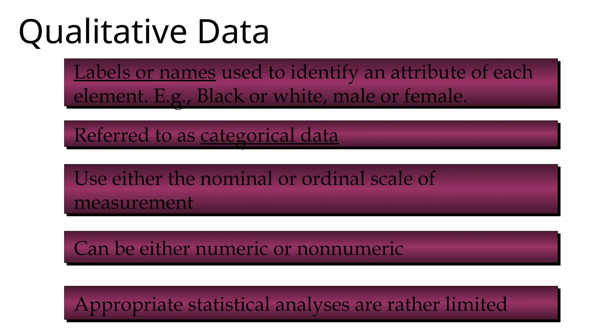 Qualitative Data
Labels or names used to identify an attribute of each
element. E.g., Black or white, male or female.
Referred to as categorical data
Use either the nominal or ordinal scale of
measurement
Can be either numeric or nonnumeric
Appropriate statistical analyses are rather limited
 